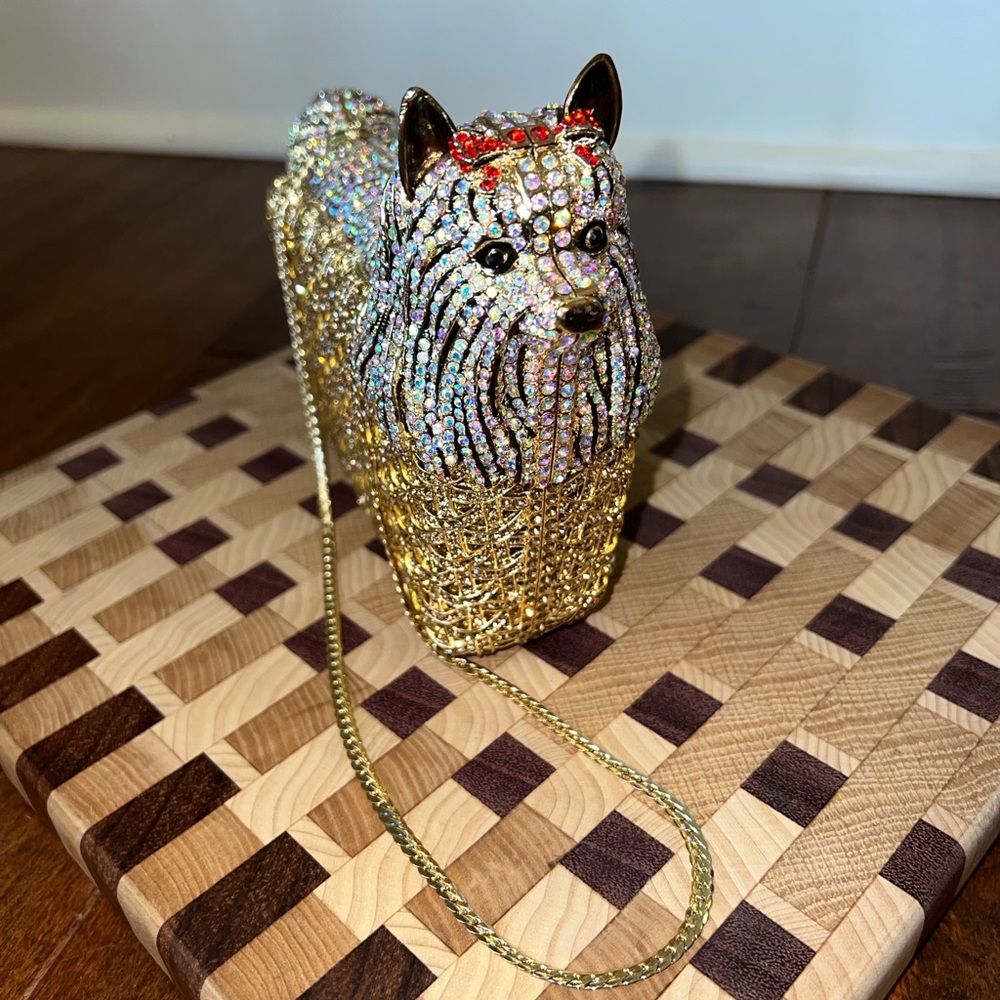 Boutique Crystal Yorkie Dog-Shaped Evening Bag with Gold Chain NWOT